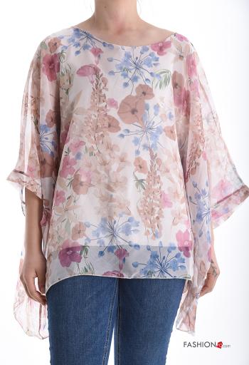 Blusa chiffon gola redonda Floral com forro manga três quartos