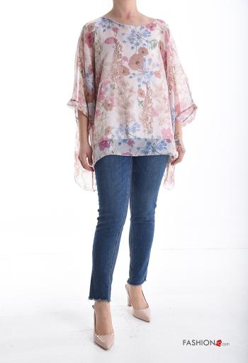 Blouse chiffon col rond à Imprimé Floral avec doublure manches à trois-quarts - ph 5