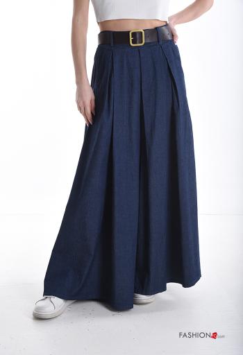 denim wide leg Cotton Trousers with belt with pockets