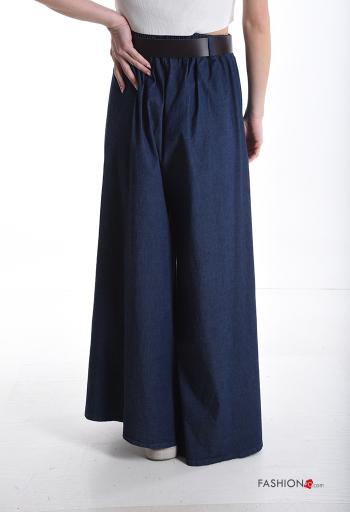 denim wide leg Cotton Trousers with belt with pockets - ph 2