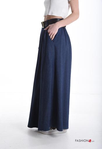 denim wide leg Cotton Trousers with belt with pockets - ph 3