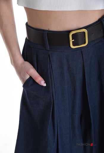 denim wide leg Cotton Trousers with belt with pockets - ph 4
