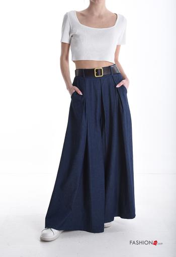 denim wide leg Cotton Trousers with belt with pockets - ph 5