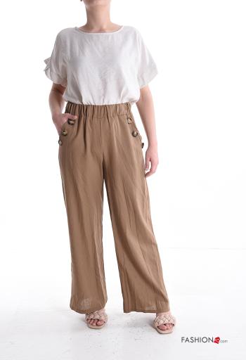 Pantalone in Lino wide leg con elastico con bottoni con tasche - ph 5