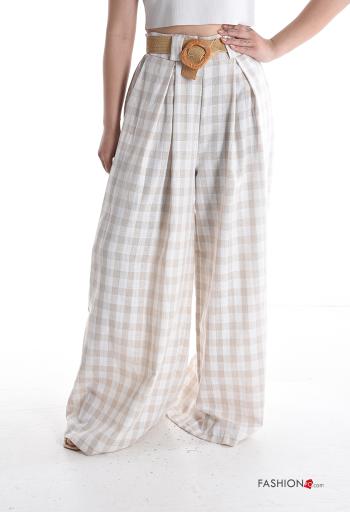 high waist wide leg Linen Trousers with belt with pockets - ph 1