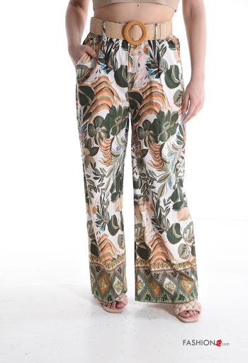 Pantalon en Coton taille haute wide leg à Imprimé Floral avec ceinture avec poches - ph 1