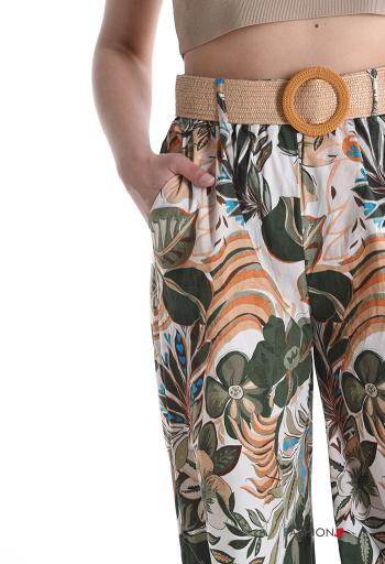 Pantalon en Coton taille haute wide leg à Imprimé Floral avec ceinture avec poches - ph 4