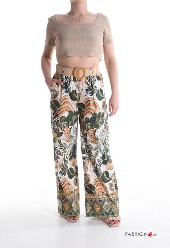 Pantalon en Coton taille haute wide leg à Imprimé Floral avec ceinture avec poches - ph 5