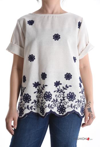 Blouse en Lin manches courtes col rond à broderie - ph 1