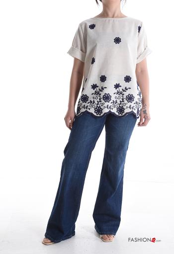 Blouse en Lin manches courtes col rond à broderie - ph 5
