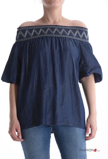 Blouse en denim manches courtes à broderie avec élastique décolleté bardot - ph 1