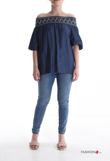Blouse en denim manches courtes à broderie avec élastique décolleté bardot - ph 5