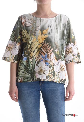 Blouse en Coton col rond à Imprimé Floral à boutons manches à trois-quarts