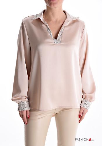 Blusa satén con cuello con lentejuelas con cuello en v - ph 1