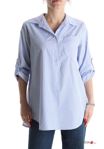 Striped with collar Cotton Blouse with v-neck 3/4 sleeve