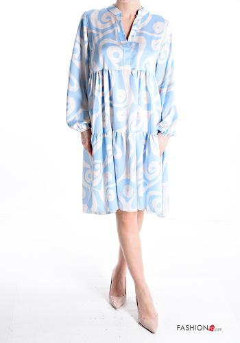 Patterned long sleeve knee-length Dress with flounces with v-neck