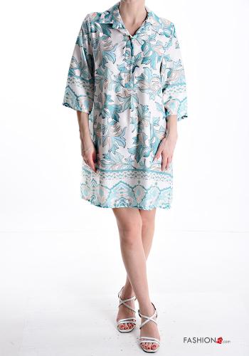 Leaf print knee-length Dress with buttons 3/4 sleeve