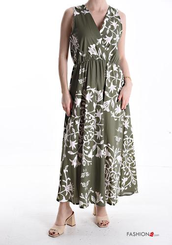 Blumenmuster ärmellos lange Kleid aus Baumwolle mit V-Ausschnitt mit gummizug
