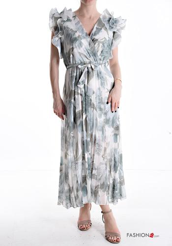 Floral long ruffle sleeve short sleeve pleated Dress with fabric belt with elastic with v-neck