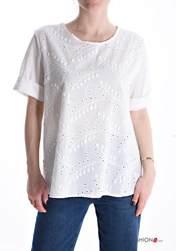 Embroidered short sleeve crew neck Cotton Blouse with buttons