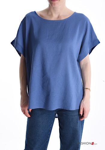 Blusa de Lino manga corta cuello redondo con botones