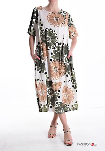 Abito in Cotone maxi maniche corte girocollo Fantasia floreale con tasche - ph 1