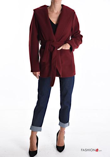 long sleeve Coat with pockets with fabric belt with hood - ph 5
