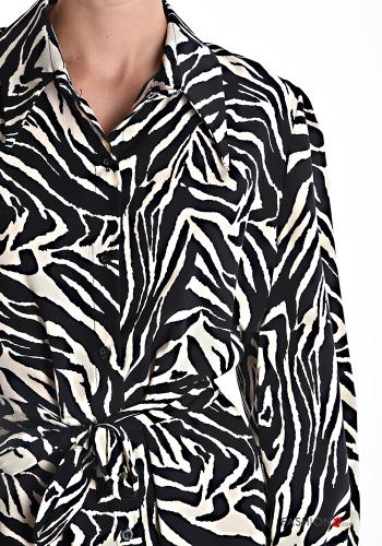 Vestido de camisa manga comprida com gola Padrão animal com botões com cinto de tecido - ph 4