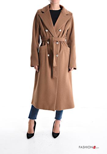 Cappotto doppio petto lungo con cintura in stoffa con fodera con bottoni con tasche