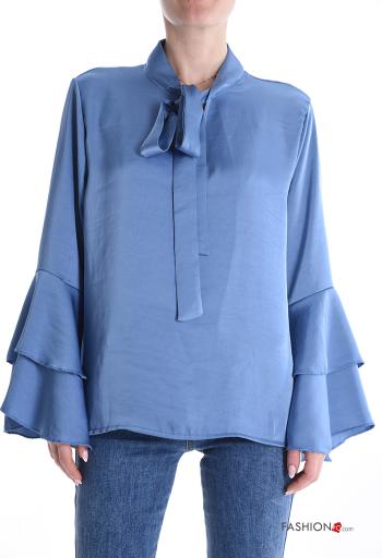 Blusa cetim manga com folhos com folhos com laço