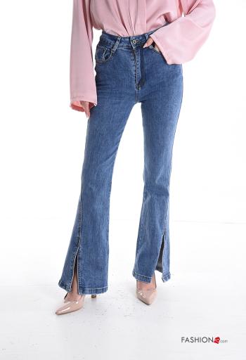 denim flared Cotton Jeans with split with zip with buttons with pockets