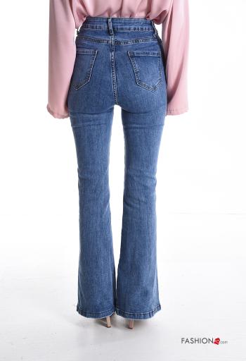 denim flared Cotton Jeans with split with zip with buttons with pockets - ph 2