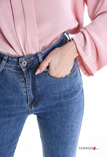 denim flared Cotton Jeans with split with zip with buttons with pockets - ph 4