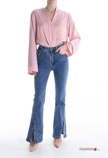 denim flared Cotton Jeans with split with zip with buttons with pockets - ph 5