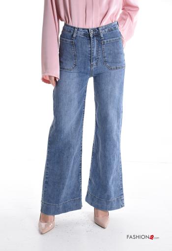 flared high waist Cotton Jeans with buttons with zip with pockets