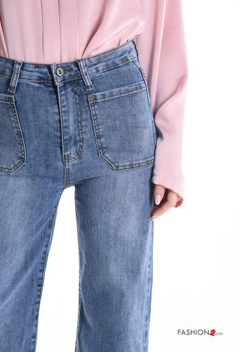 flared high waist Cotton Jeans with buttons with zip with pockets - ph 4