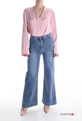 flared high waist Cotton Jeans with buttons with zip with pockets - ph 5