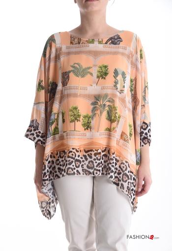 Blusa chiffon gola redonda Padrão misto manga três quartos