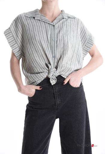 Chemise en Coton manches courtes à collet Imprimé à rayures à boutons - ph 1