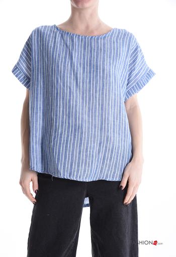 Blouse en Coton manches courtes col rond Imprimé à rayures à boutons