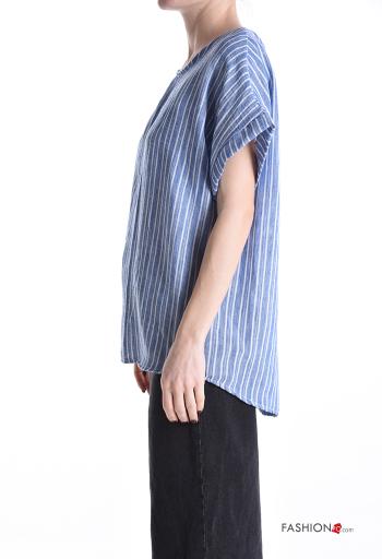 Blouse en Coton manches courtes col rond Imprimé à rayures à boutons - ph 3
