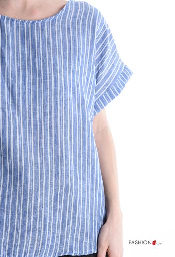 Blouse en Coton manches courtes col rond Imprimé à rayures à boutons - ph 4