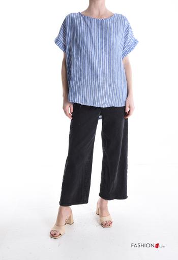 Blouse en Coton manches courtes col rond Imprimé à rayures à boutons - ph 5