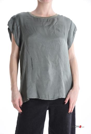 Blouse col rond lurex satin manches courtes