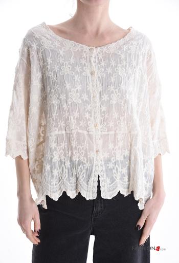 Blouse en Coton col rond à broderie à boutons manches à trois-quarts - ph 1