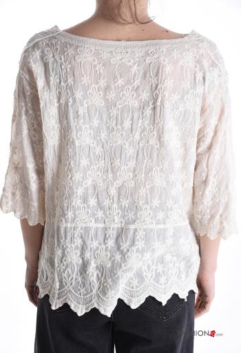 Blouse en Coton col rond à broderie à boutons manches à trois-quarts - ph 2