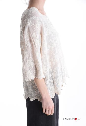 Blouse en Coton col rond à broderie à boutons manches à trois-quarts - ph 3