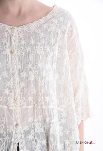 Blouse en Coton col rond à broderie à boutons manches à trois-quarts - ph 4