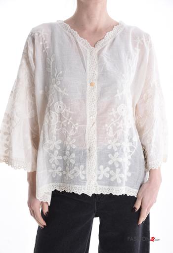 Chemise en Coton manches longues à broderie à boutons à col en V