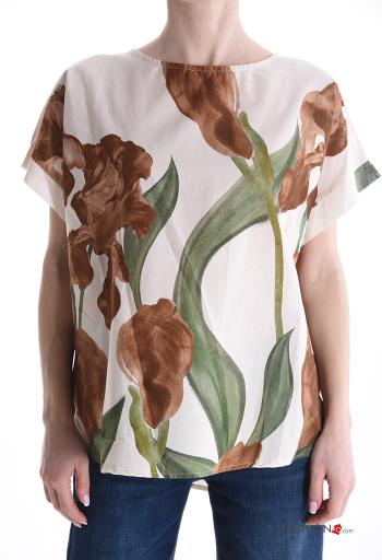 Blouse en Coton manches courtes col rond à Imprimé Floral à boutons